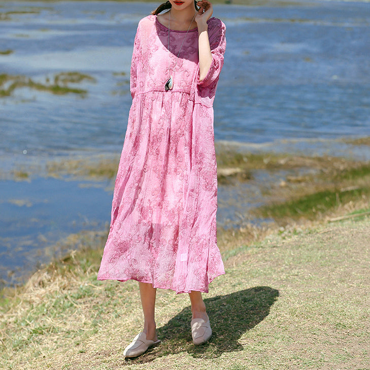 Feine rosafarbene Seidenkaftane, trendige Seidenkleider mit O-Ausschnitt in Übergröße, lässige Baggy-Kleider mit drei Viertelärmeln