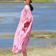 Fine pink silk caftans trendy plus size O neck silk clothing dress casual Three Quarter sleeve baggy dresses