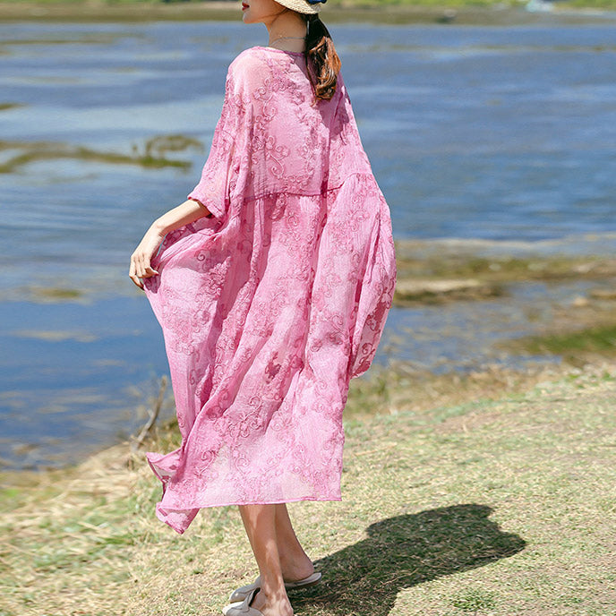 Feine rosafarbene Seidenkaftane, trendige Seidenkleider mit O-Ausschnitt in Übergröße, lässige Baggy-Kleider mit drei Viertelärmeln