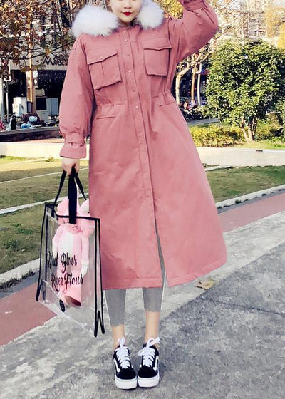 Fine pink warm winter coat plus size parka hooded flare sleeve women overcoat - SooLinen