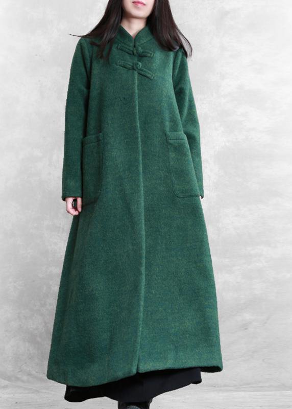 Fine plus size Coats coat green stand collar pockets woolen coats - SooLinen