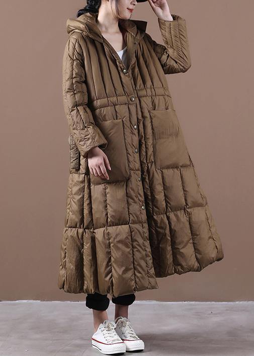 Fine plus size Winter Winter overcoat chocolate hooded pockets goose Down coat - SooLinen