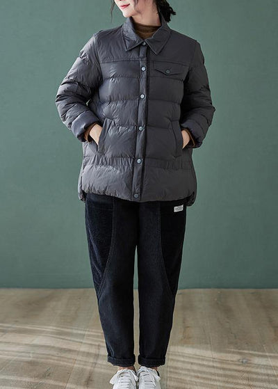 Fine plus size down jacket coats black lapel pockets casual outfit - SooLinen