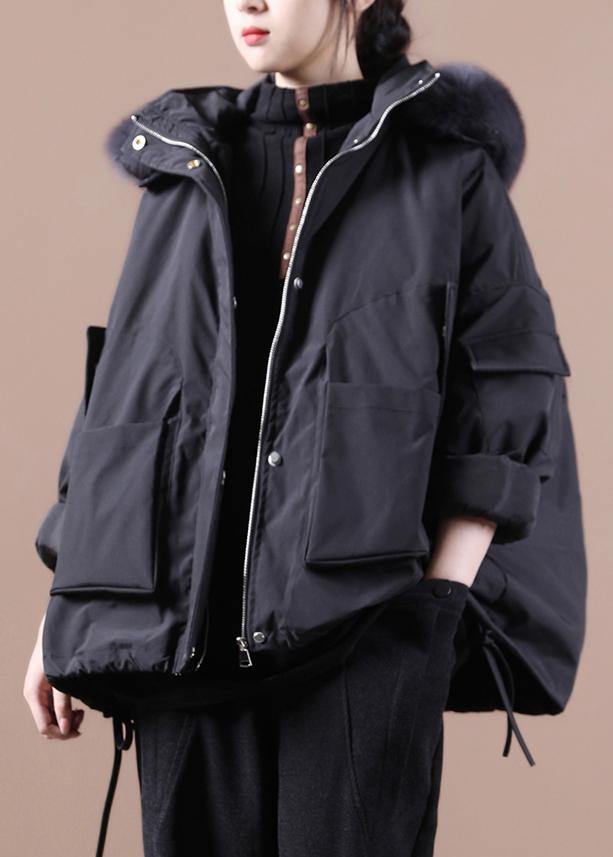 Fine plus size down jacket overcoat black hooded fur collar goose Down coat - SooLinen