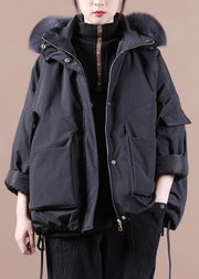 Fine plus size down jacket overcoat black hooded fur collar goose Down coat - SooLinen