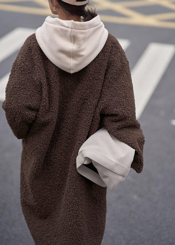 Fine plus size mid-length coats woolen outwear chocolate o neck two ways to wear coats - SooLinen