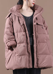 Fine plus size snow jackets pink hooded zippered goose Down coat - SooLinen