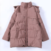 Fine plus size snow jackets pink hooded zippered goose Down coat - SooLinen