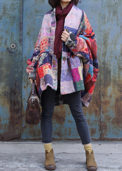 Fine plus size snow jackets prints overcoat patchwork color v neck womens coats - SooLinen