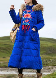 Fine plus size womens parka embroidery overcoat blue hooded goose Down coat - SooLinen