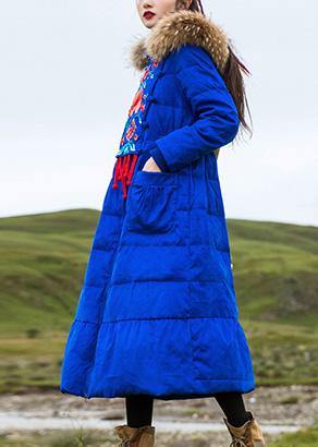 Fine plus size womens parka embroidery overcoat blue hooded goose Down coat - SooLinen