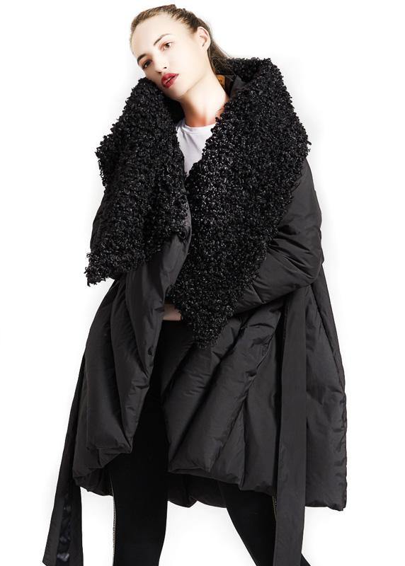 Fine plus size womens parka tie waist coats black fur collar goose Down coat - SooLinen