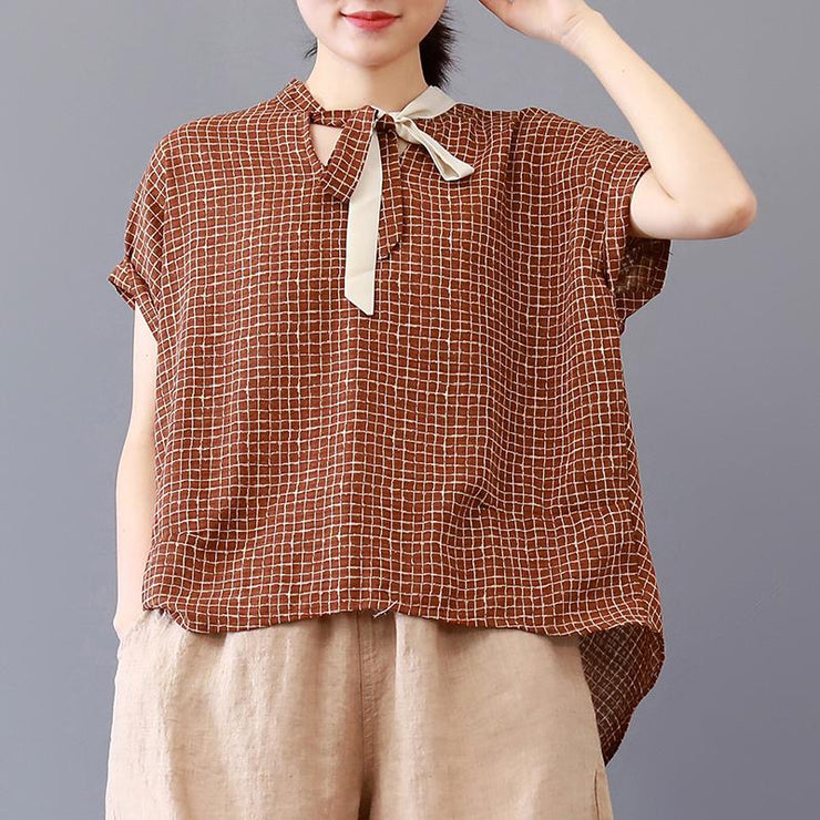 Feine Bluse aus reiner Baumwolle plus Größe locker karierte Kurzarm-Schnürung Damen-Sommer-Faltenbluse