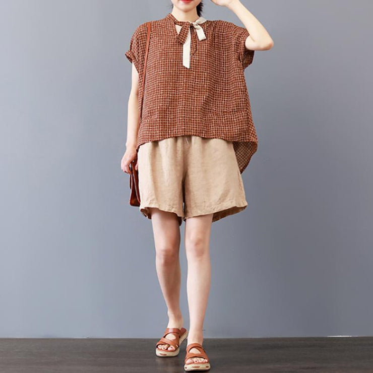 Feine Bluse aus reiner Baumwolle plus Größe locker karierte Kurzarm-Schnürung Damen-Sommer-Faltenbluse