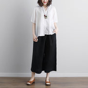 Fine pure linen blouse trendy plus size Retro Short Sleeve Embroidery High-low Hem Tops