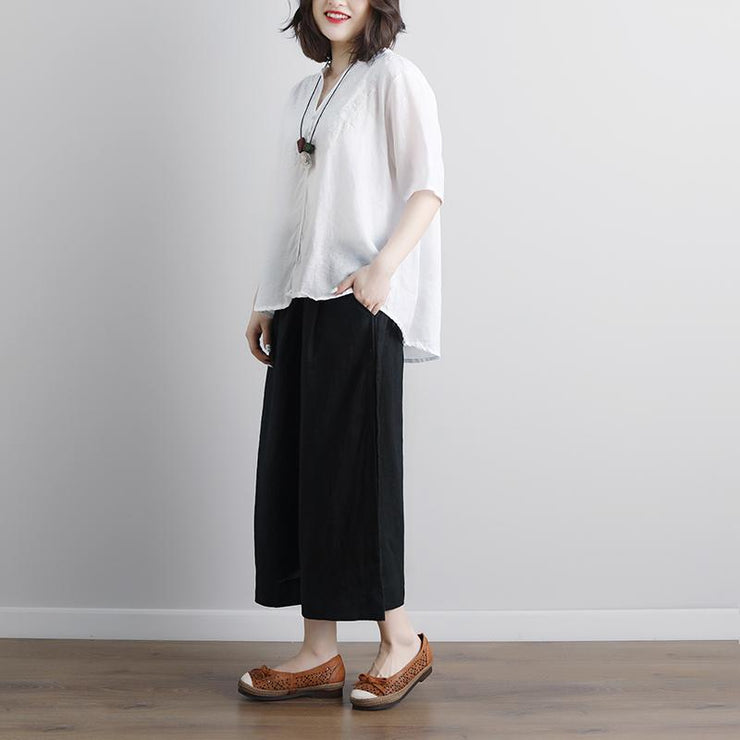 Fine pure linen blouse trendy plus size Retro Short Sleeve Embroidery High-low Hem Tops