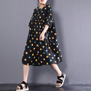 Fine pure Chiffon dress oversize Loose Short Sleeve Dots Printed Black Pleated Dress