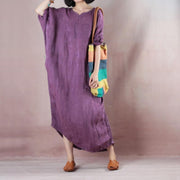 Feine lila lange Leinenkleider übergroßer O-Ausschnitt, asymmetrisches Design, Reisekleidung, lässige, langärmlige Baggy-Kleider