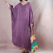Fine purple long linen dresses oversize o neck asymmetrical design traveling clothing casual long sleeve baggy dresses