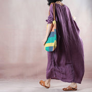 Feine lila lange Leinenkleider übergroßer O-Ausschnitt, asymmetrisches Design, Reisekleidung, lässige, langärmlige Baggy-Kleider