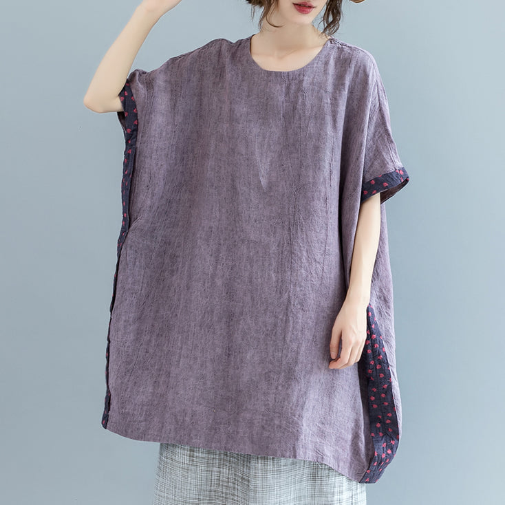 Fine purple pure linen tops Loose fitting casual cardigans boutique batwing sleeve O neck patchwork cotton clothing