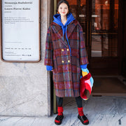 Fine red blue Plaid coats plus size Notched trench coat New double breasted Wool Coat