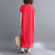 Fine red cotton linen maxi dress casual short sleeve Embroidery cotton dresses fine v neck traveling clothing