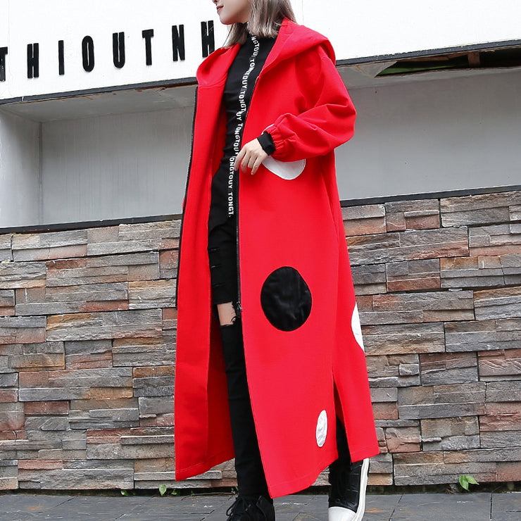 Fine red dotted Coat oversize hooded outwear Fashion side open baggy long coats
