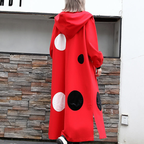 Fine red dotted Coat oversize hooded outwear Fashion side open baggy long coats