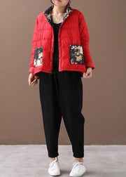 Fine red patchwork print warm winter coat stand collar pockets winter outwear - SooLinen