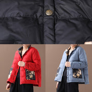 Fine red patchwork print warm winter coat stand collar pockets winter outwear - SooLinen