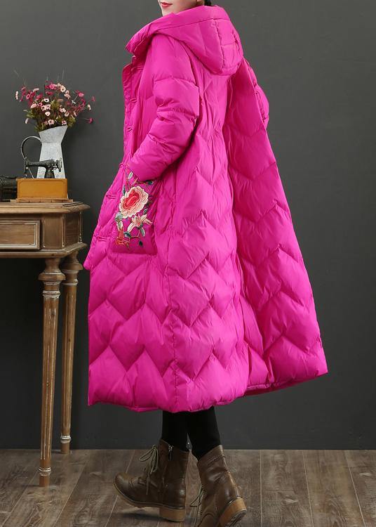 Fine rose embroidery down jacket woman casual snow jackets hooded Warm overcoat - SooLinen