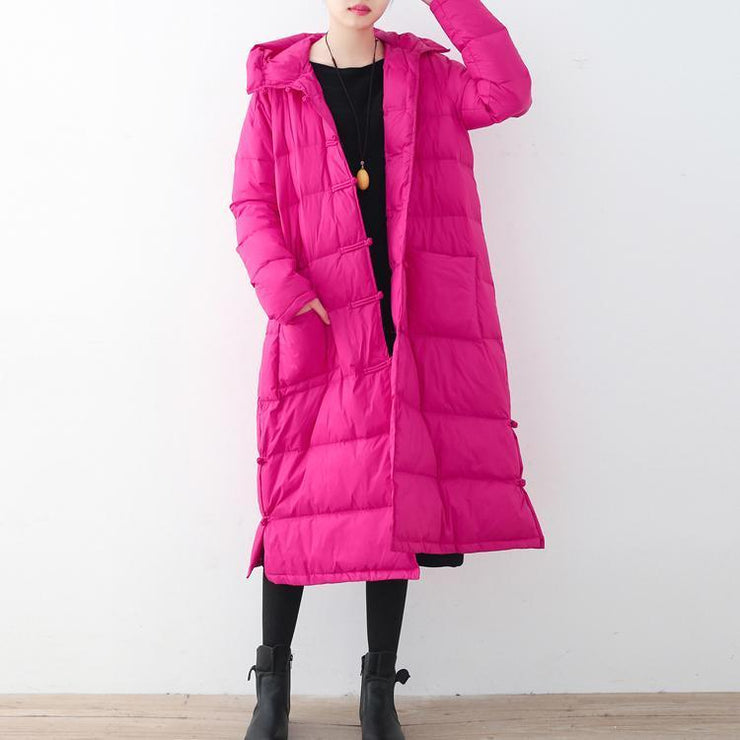 Fine rose red Puffers Jackets Loose fitting down jacket New hooded winter outwear Chinese Button