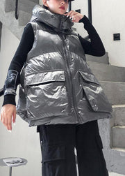 Fine silver gray winter outwear plus size clothing snow sleeveless hooded pockets winter outwear - SooLinen