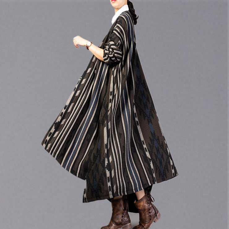 Fein gestreifter langer Mantel trendy Plus Size V-Ausschnitt asymmetrische Mäntel Elegante Jacken mit Fledermausärmeln