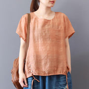 Fine summer cotton blended tops plus size Short Sleeve Solid Color Casual High-Low Hem Blouse