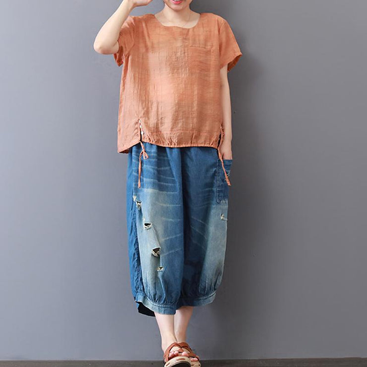Fine summer cotton blended tops plus size Short Sleeve Solid Color Casual High-Low Hem Blouse