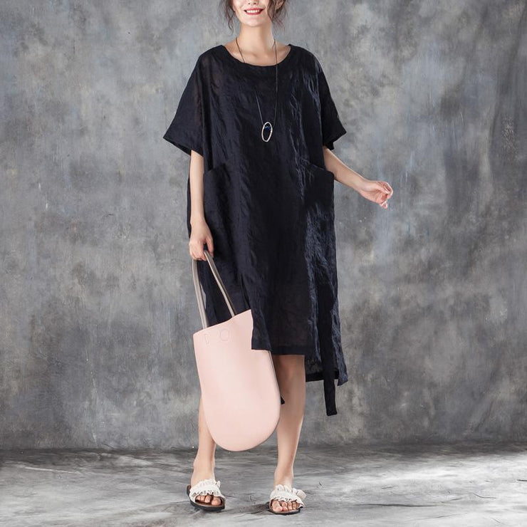 Feine Sommerkleider übergroßes, lockeres, kurzärmliges, unregelmäßiges schwarzes Kleid mit Rundhalsausschnitt