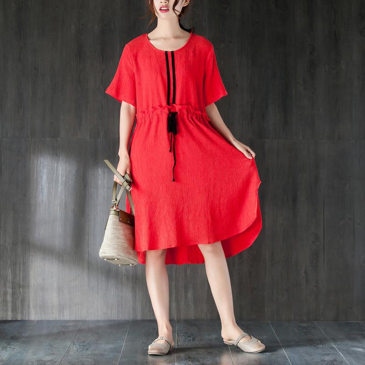 Feines Tencel-Sommerkleid plus Größenkleidung Rotes Sommer-Frauenkleid mit Rüschen und Band