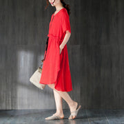 Feines Tencel-Sommerkleid plus Größenkleidung Rotes Sommer-Frauenkleid mit Rüschen und Band