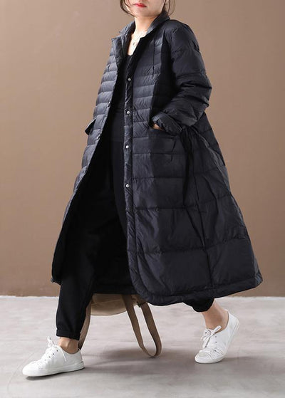 Fine trendy plus size womens parka coats black Notched pockets goose Down coat - SooLinen