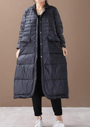 Fine trendy plus size womens parka coats black Notched pockets goose Down coat - SooLinen