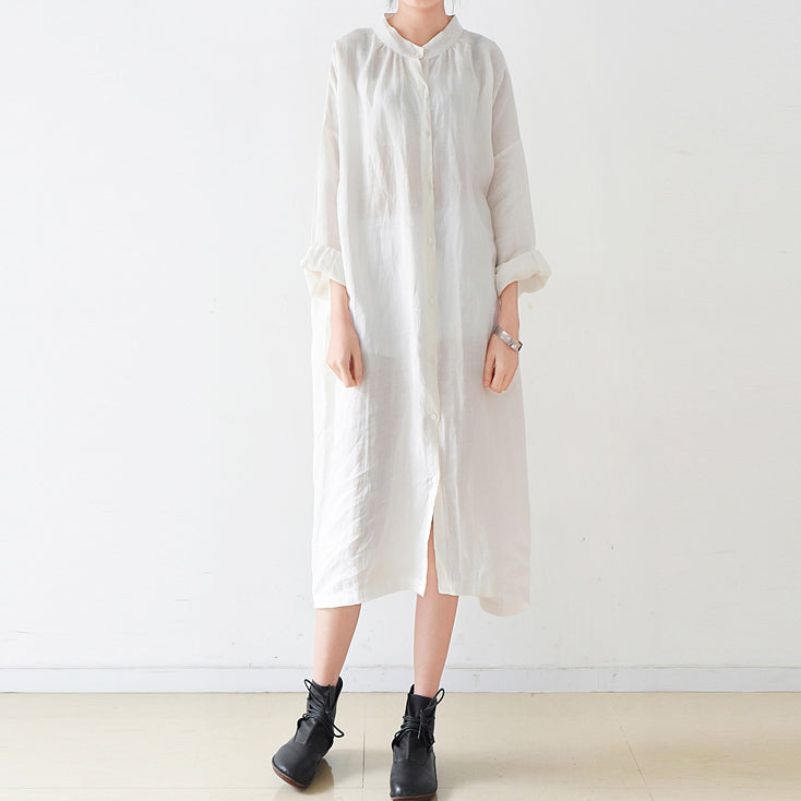 Feine weiße Ramine-Leinenkleider plus Größe 2021 Leinen-Hemdkleid für den Herbst