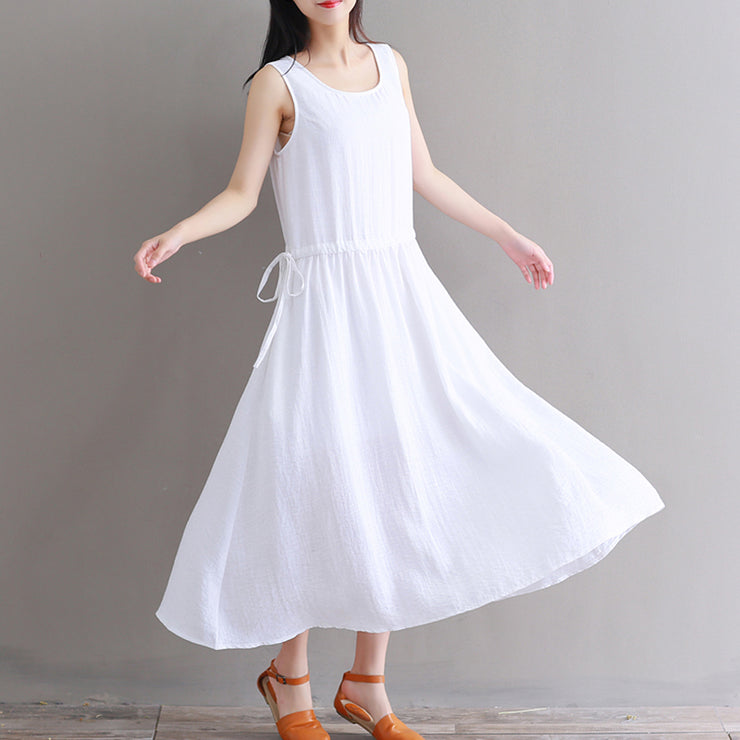 Feines weißes Leinenkleid aus reiner Baumwolle Oversize Freizeitkleid Boutique Ärmelloses O-Ausschnitt Kleid aus Baumwollleinen mit Kordelzug