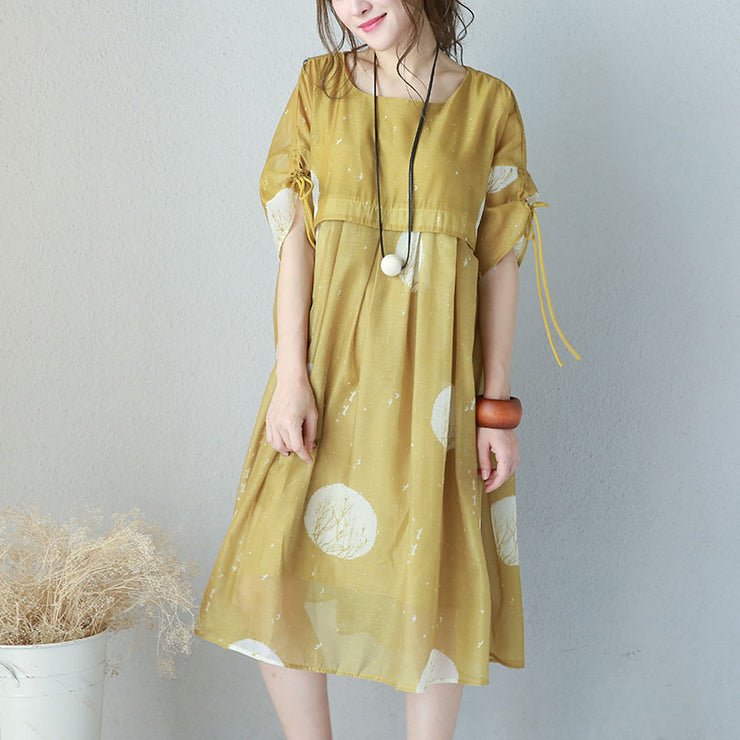 Chiffonkleider mit feinen gelben Drucken übergroßes Kleid mit hoher Taille Elegante Kleider mit Kordelzugärmeln