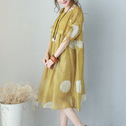 Fine yellow prints chiffon dresses oversized high waist dress Elegant drawstring sleeve dresses