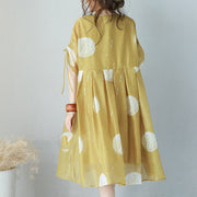 Fine yellow prints chiffon dresses oversized high waist dress Elegant drawstring sleeve dresses
