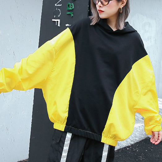 Fine yellow tops oversize hooded patchwork casual boutique batwing Sleeve baggy tops