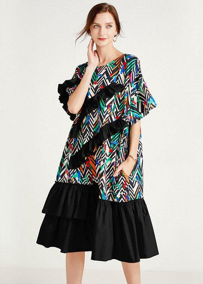 Fine Black Print O-Neck Patchwork Summer Long Dresses - SooLinen