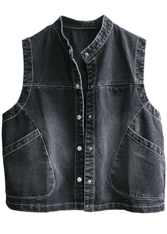 Fitted  Black Stand Collar Pockets Button Fall Top Sleeveless Waistcoat - SooLinen